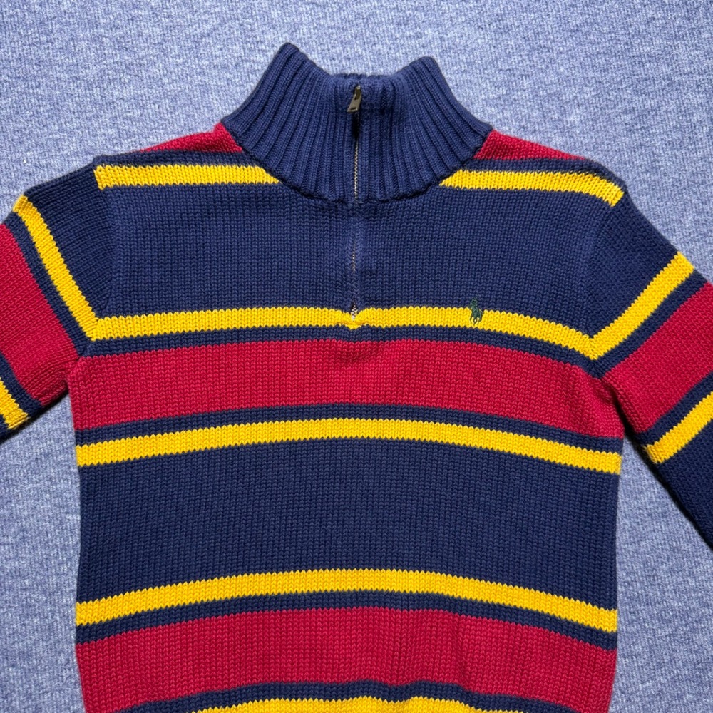 Vintage Polo Ralph Lauren Boys 7 Quarter Zip Striped Sweater Navy Red Yellow